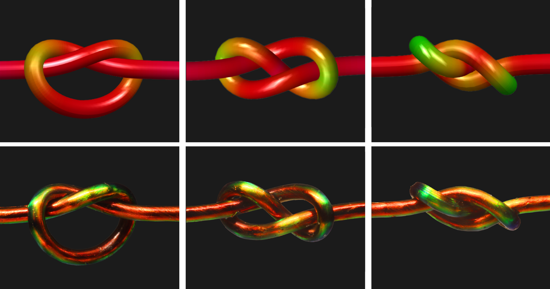 Photos of simulated knots and actual knots, with different colors showing where the material felt the most stress.