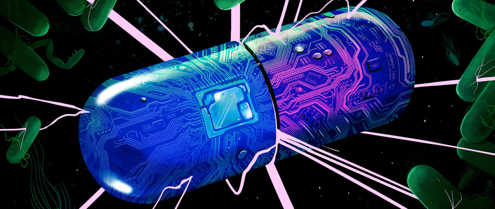 An illustration in which a capsule-shaped drug imprinted with circuit-board diagrams blasts nearby bacteria.