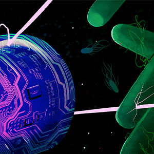 An illustration in which a capsule-shaped drug imprinted with circuit-board diagrams blasts nearby bacteria.