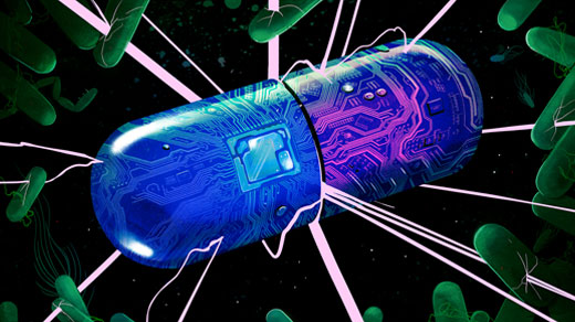 An illustration in which a capsule-shaped drug imprinted with circuit-board diagrams blasts nearby bacteria.