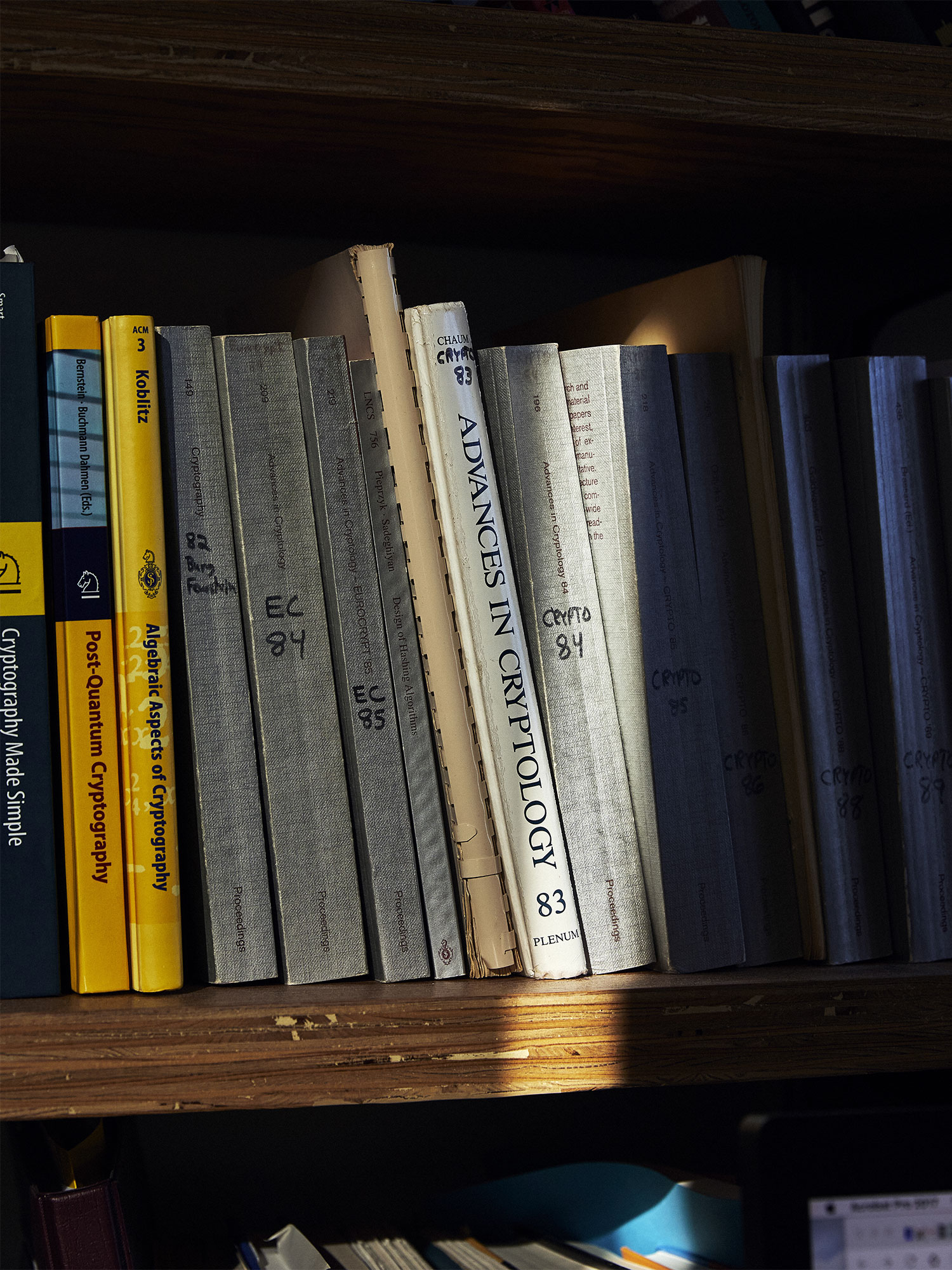 Photo of cryptography books in Ronald Rivest’s office