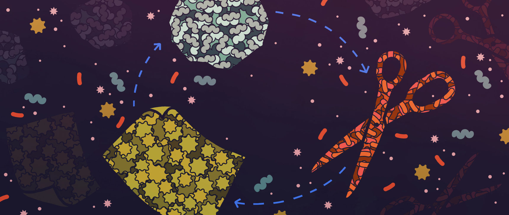 A rock, a piece of paper and a pair of scissors, each formed from a mass of microbes, are arranged in a cycle.