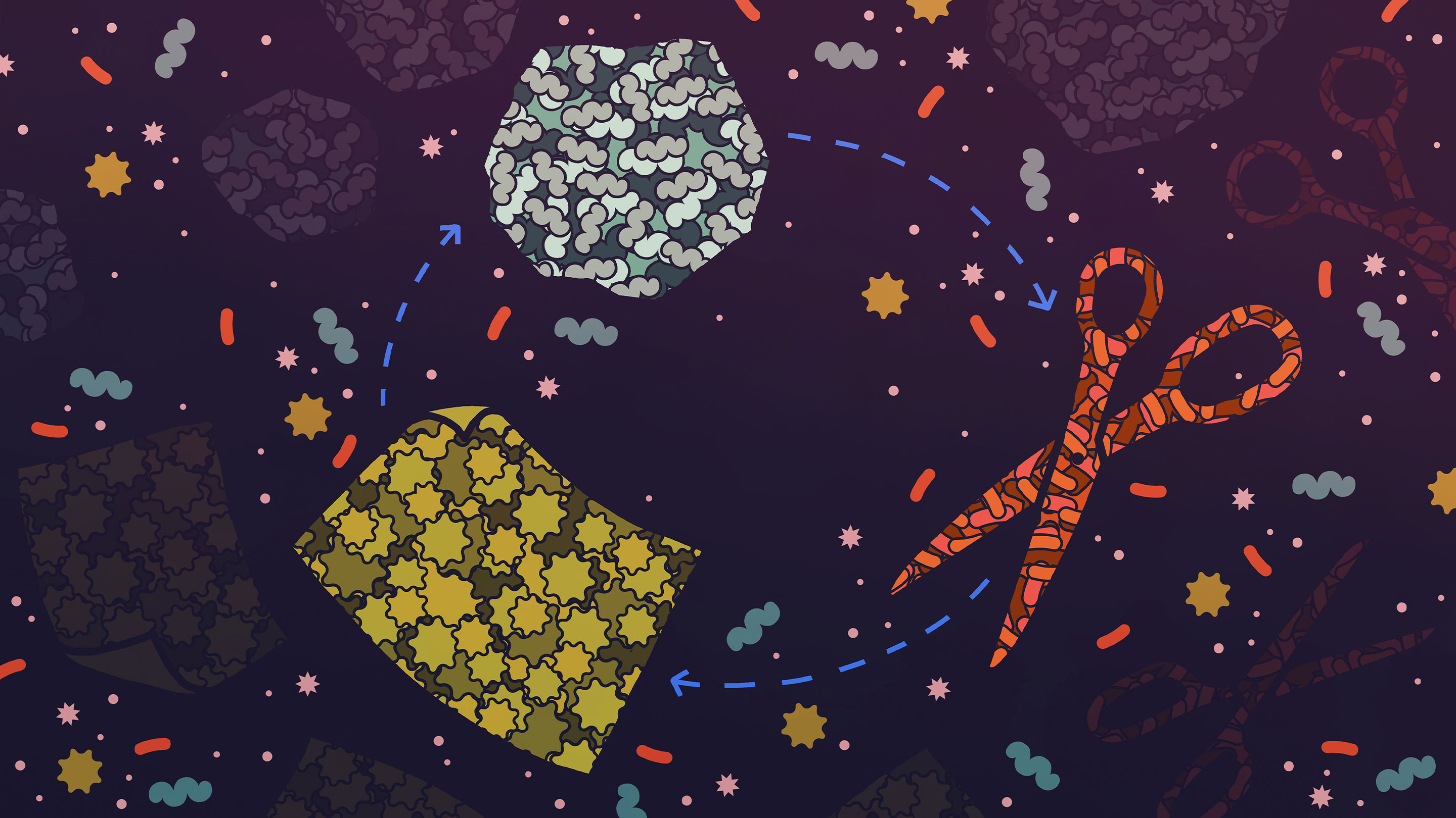 A rock, a piece of paper and a pair of scissors, each formed from a mass of microbes, are arranged in a cycle.