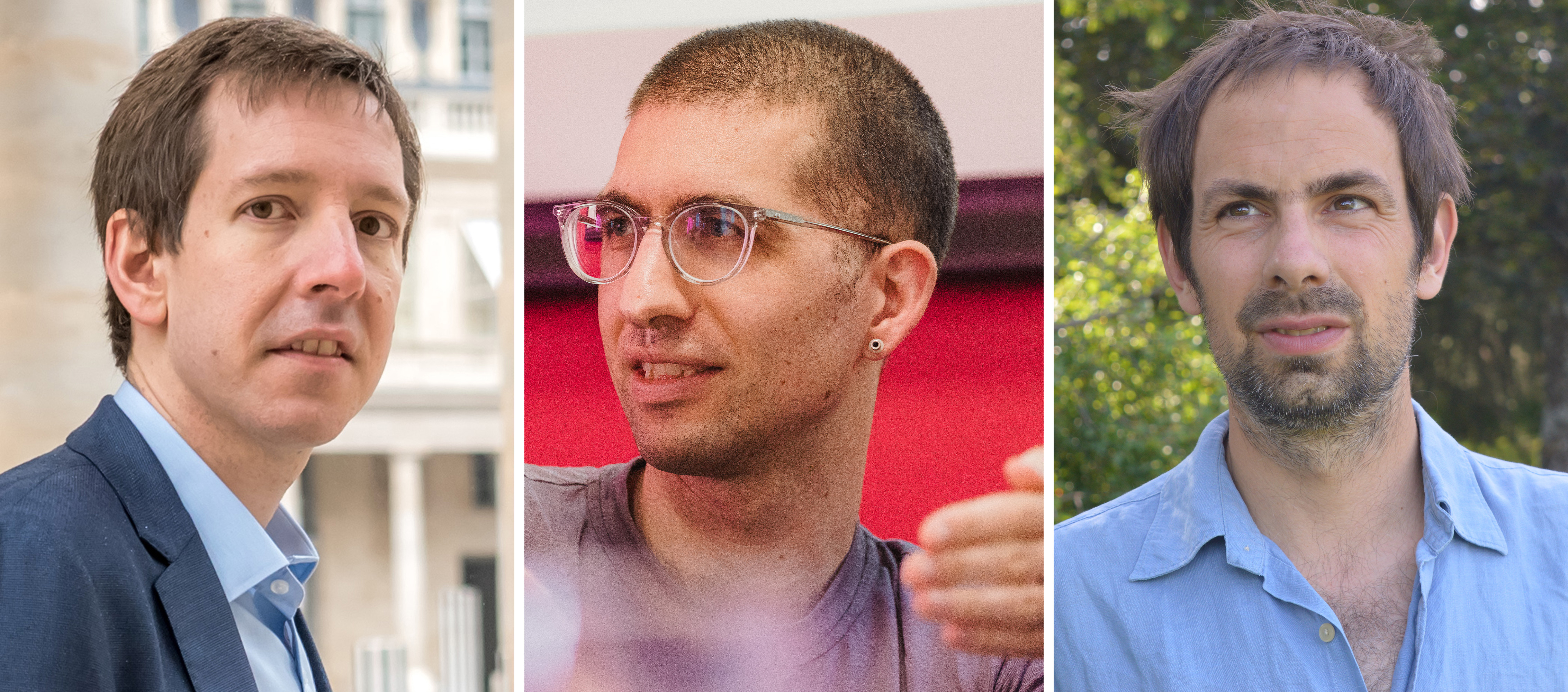 Portraits of the mathematicians Frank Calegari, Toby Gee and Vincent Pilloni.