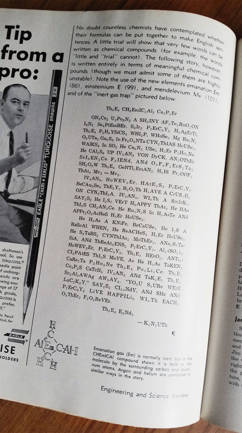 Photo of “The Chemical Caper,” a short story by Donald Knuth where every word is a chemical formula