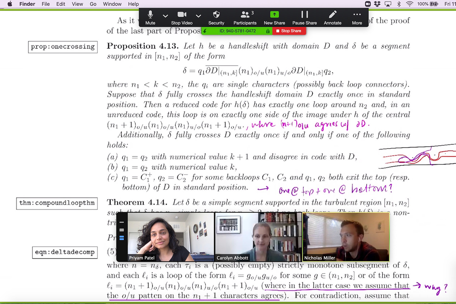 Photo of a Zoom meeting between Priyam Patel, Carolyn Abbott and Nicholas Miller, showing their faces and their work on a math problem