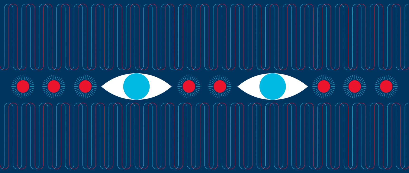 Animated illustration of flashing, moving wavelengths and strobing lights surrounding a pair of eyes.