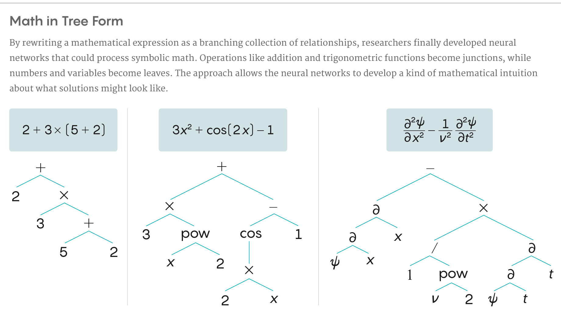 Brief illustration of how a new program translates symbolic math into a tree-like structure