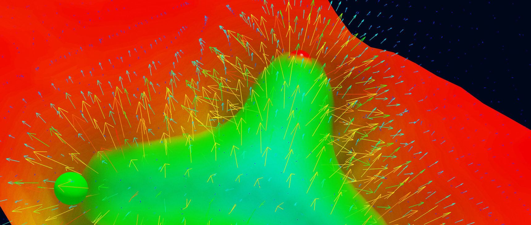 Three particles moving closer together then farther apart. The region between them appears in green.