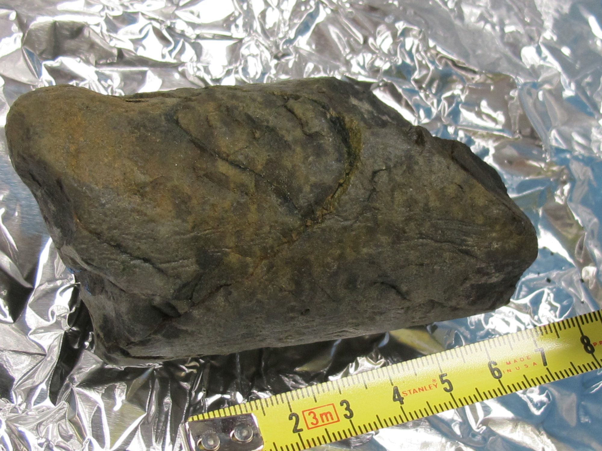 Photo of an 8-centimeter chunk of cored basalt beside a measuring tape.