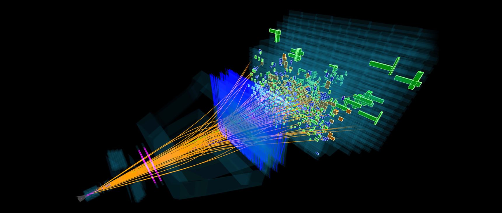 Lines representing paths of particles fan out from a point and pass through a series of detectors.