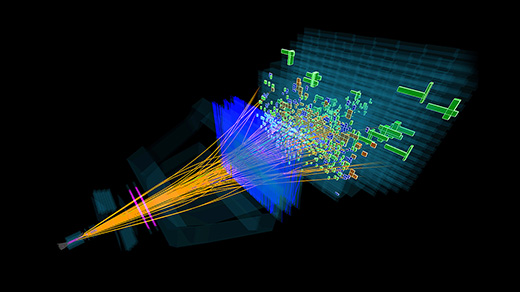 Lines representing paths of particles fan out from a point and pass through a series of detectors.