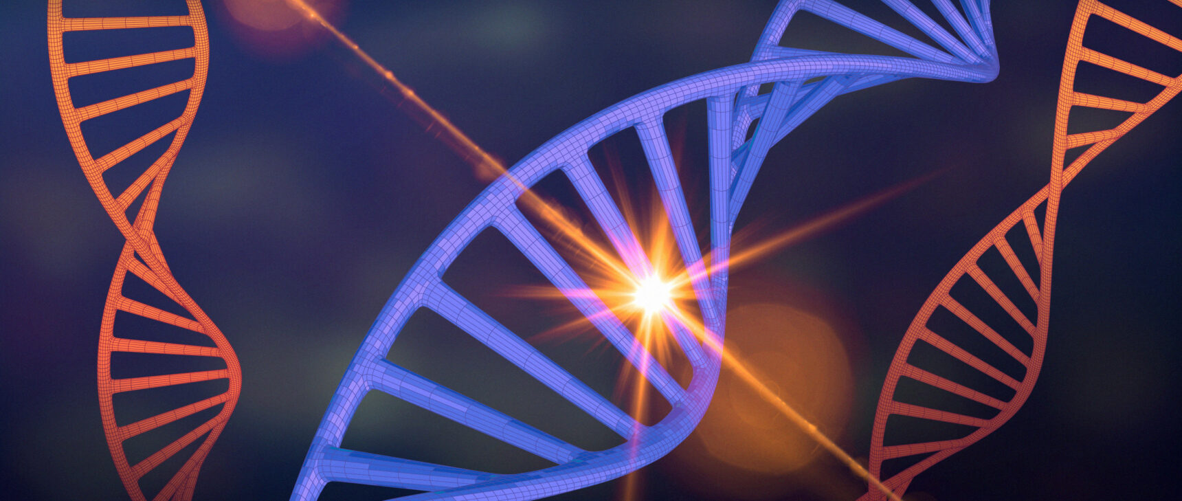 A DNA double helix being struck by a cosmic ray.