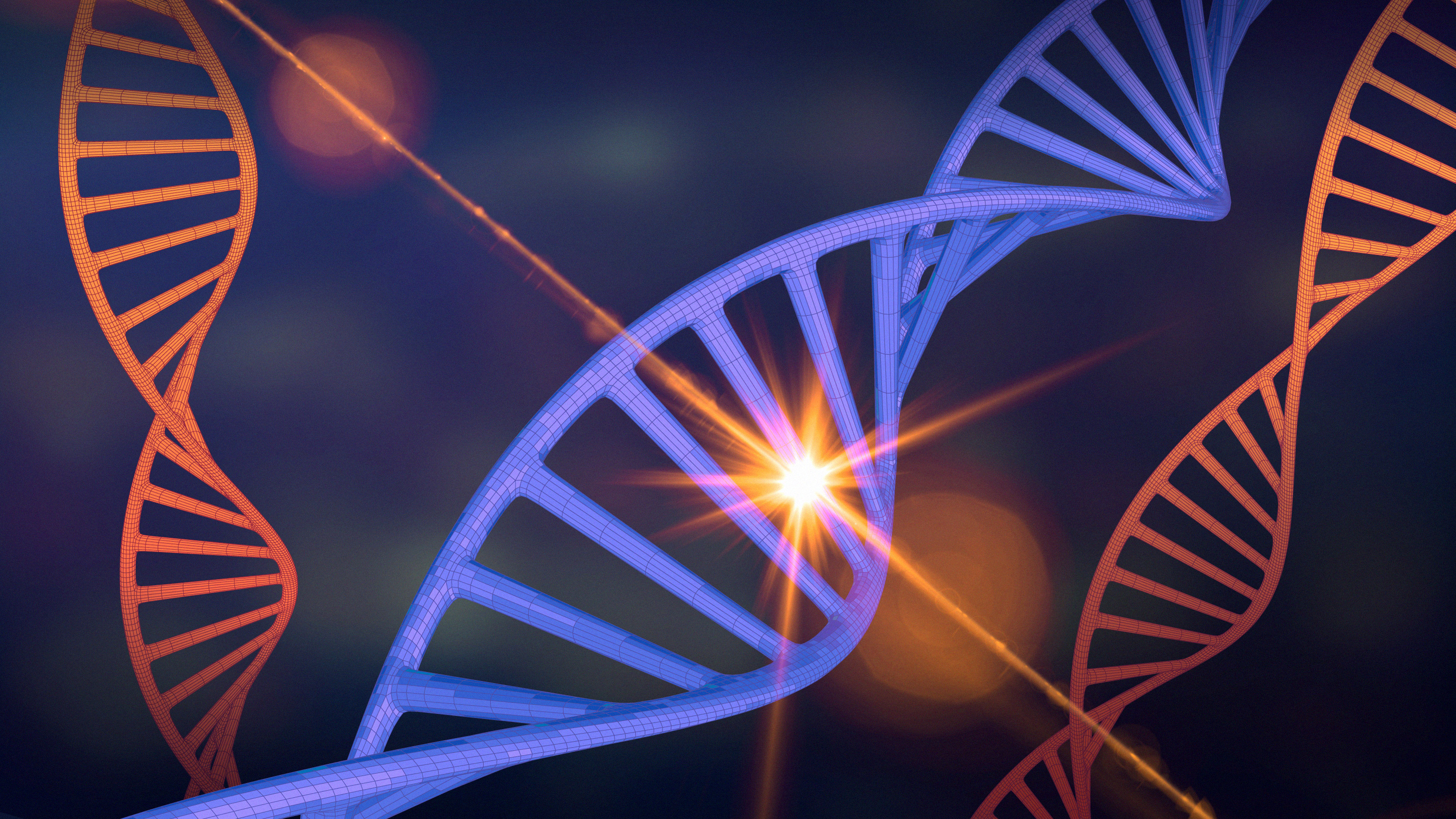 A DNA double helix being struck by a cosmic ray.