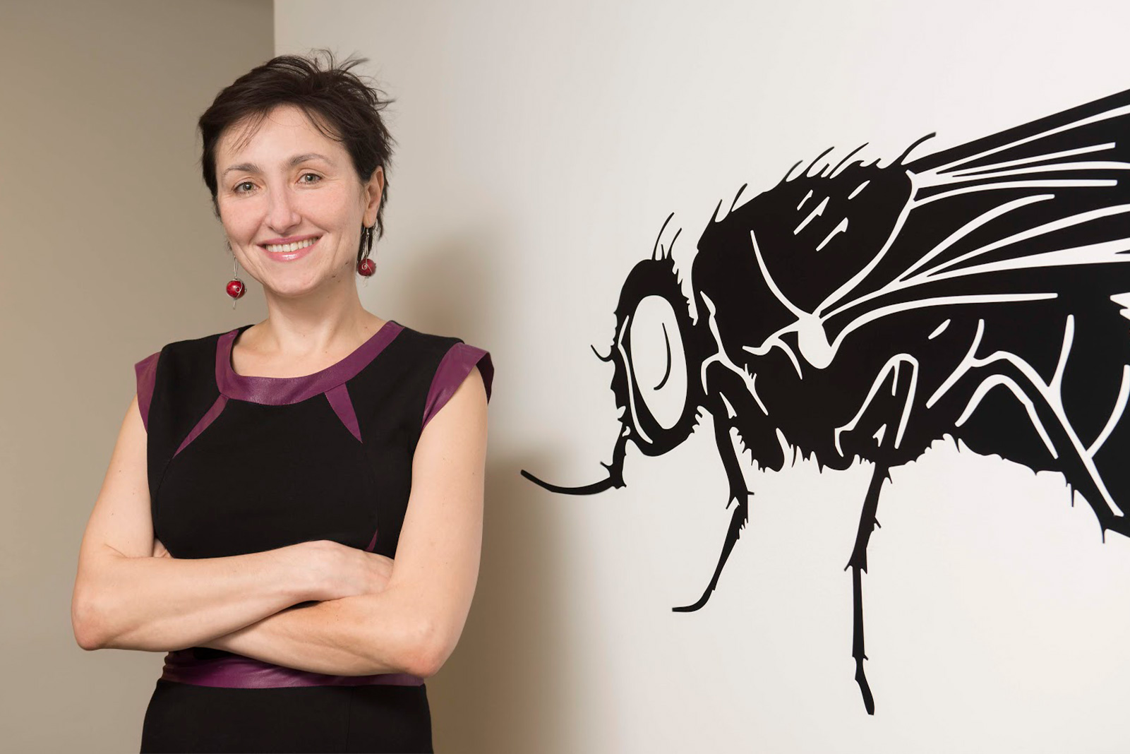 Portrait photo of Dragana Rogulja of Harvard University standing beside a wall painting of a fruit fly.