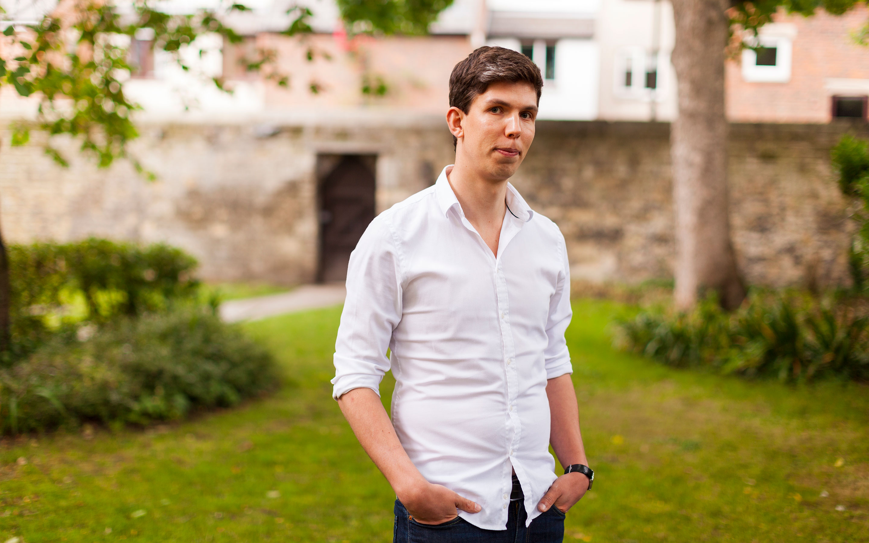 A photograph of the mathematician James Maynard outside his home in Oxford, England.