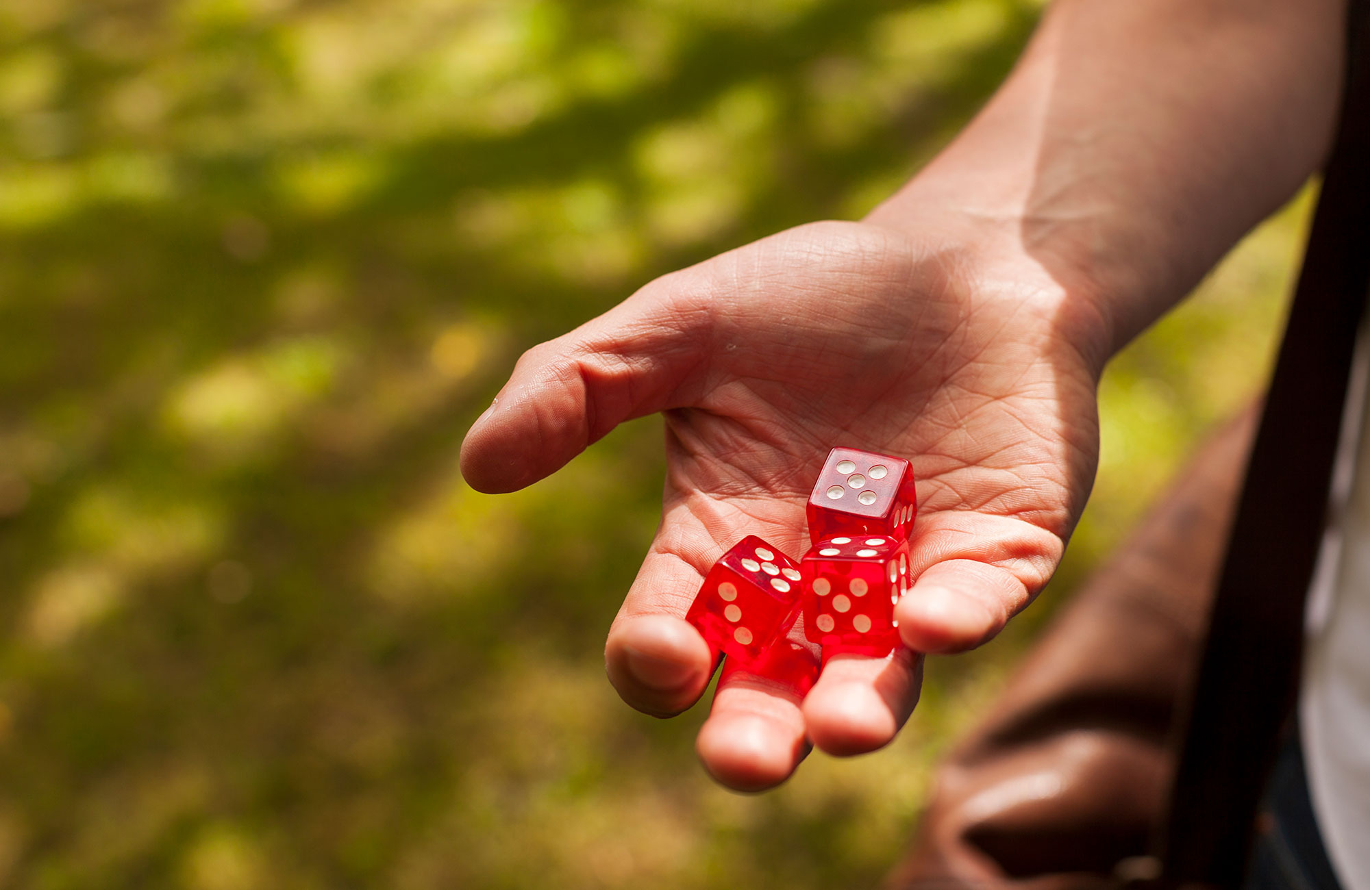 A photograph of James Maynard’s hand holding three red dice.