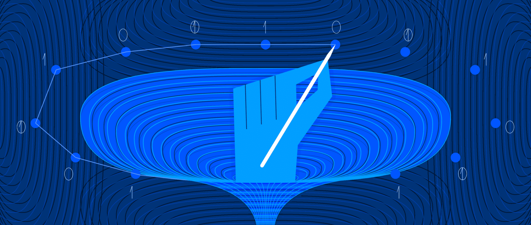 Animated illustration of a hand emerging from a black hole, while drawing the black hole by connecting dots flashing 0 and 1.