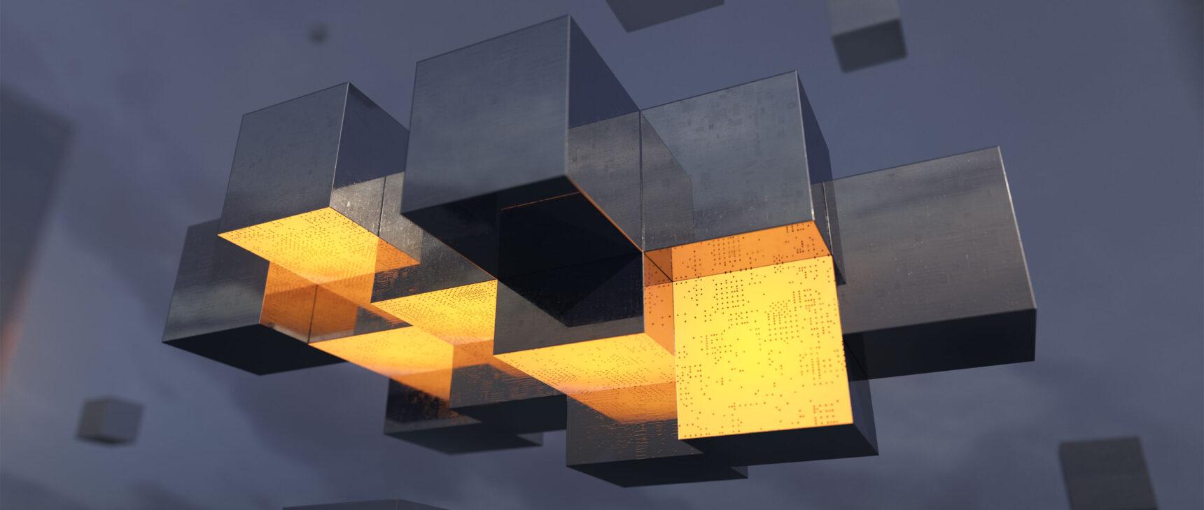 Illustration of floating metal cubes joining together, some of their faces yellow