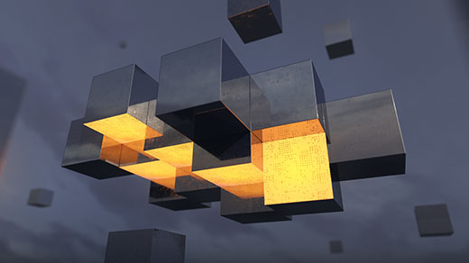 Illustration of floating metal cubes joining together, some of their faces yellow