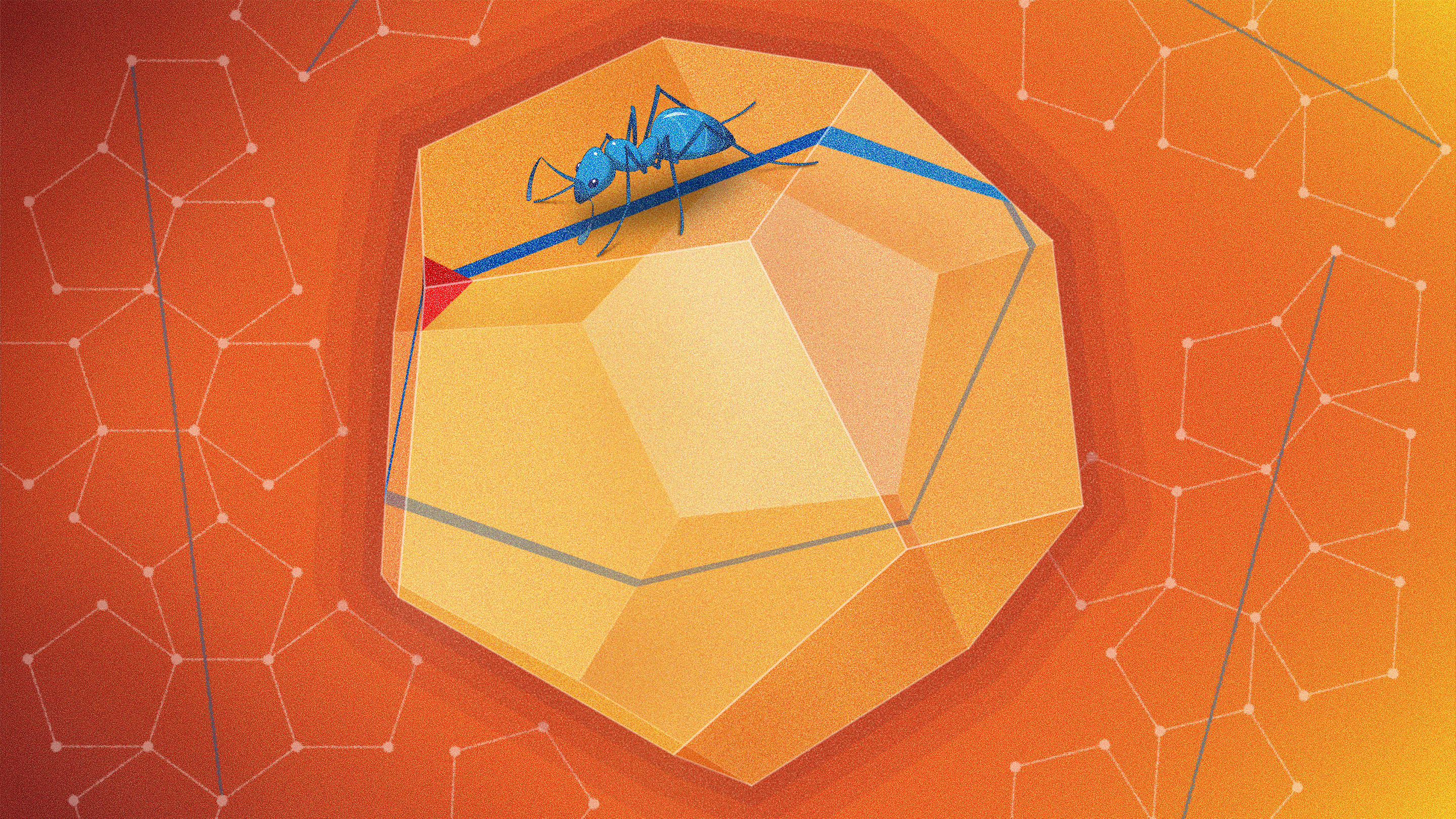 An illustration of an ant walking in a straight line around a dodecahedron.