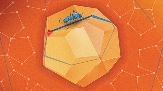 An illustration of an ant walking in a straight line around a dodecahedron.