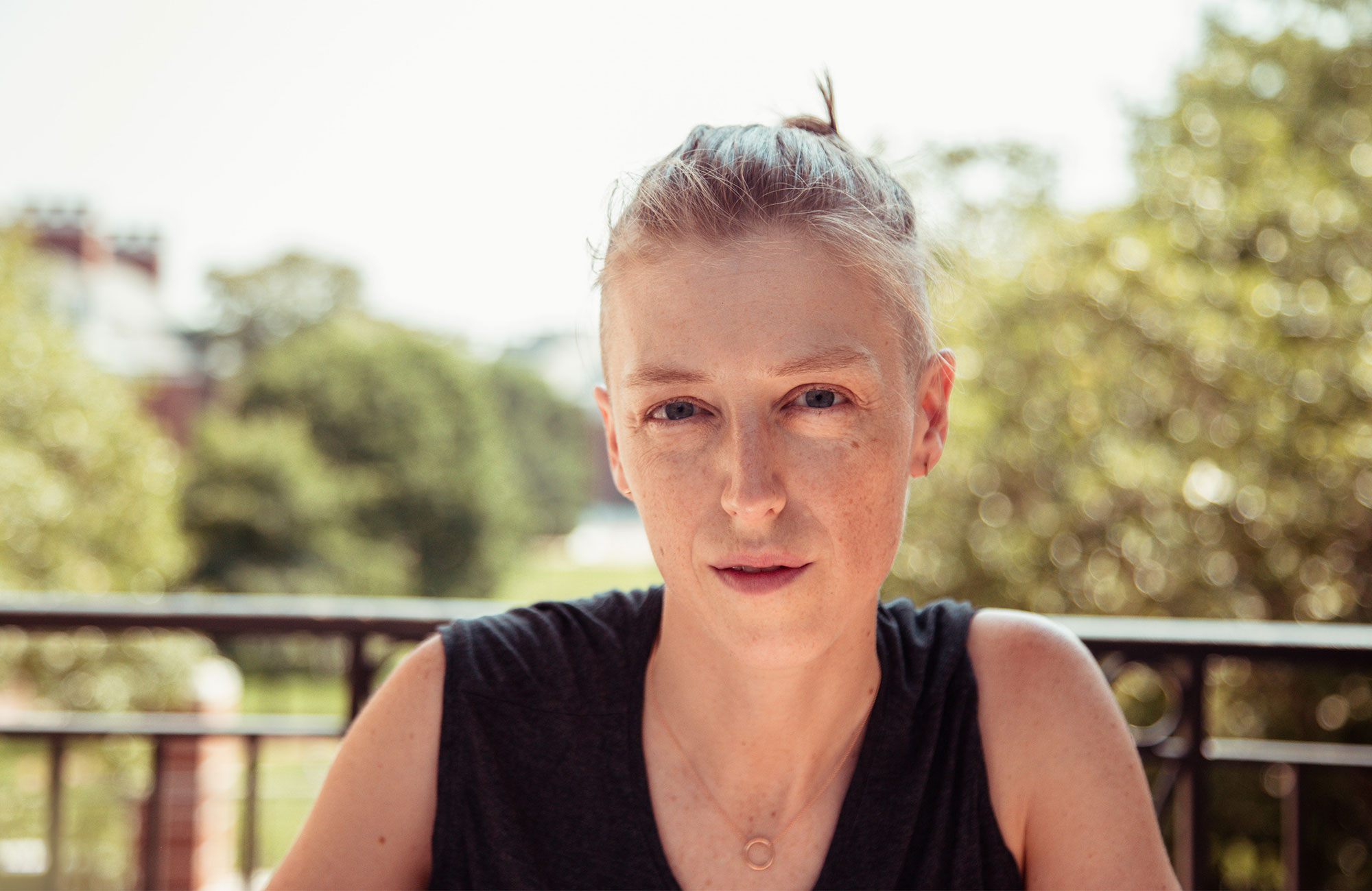 Closeup of Emily Riehl on the campus of Johns Hopkins University.