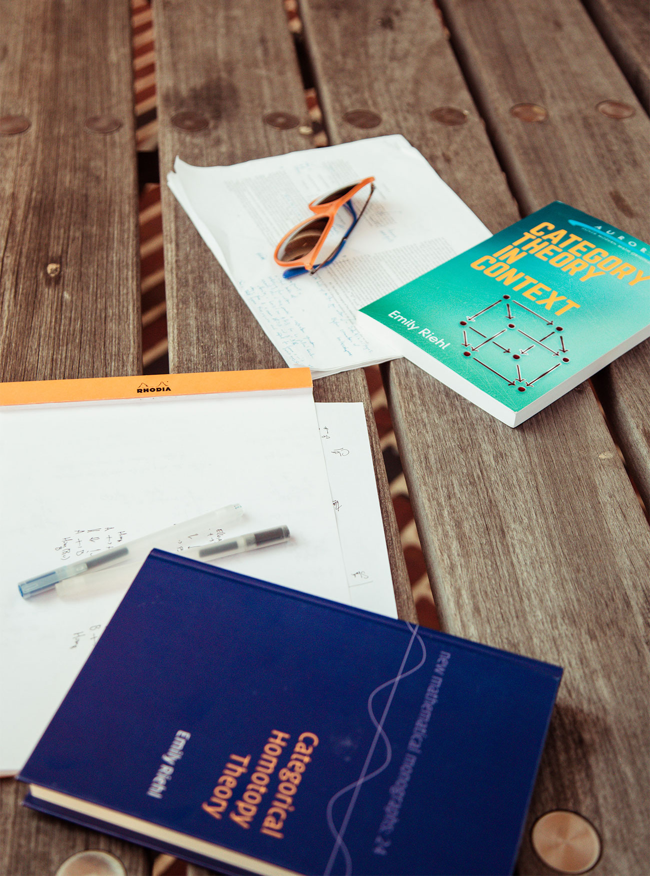 Some of Emily Riehl's books on a table.