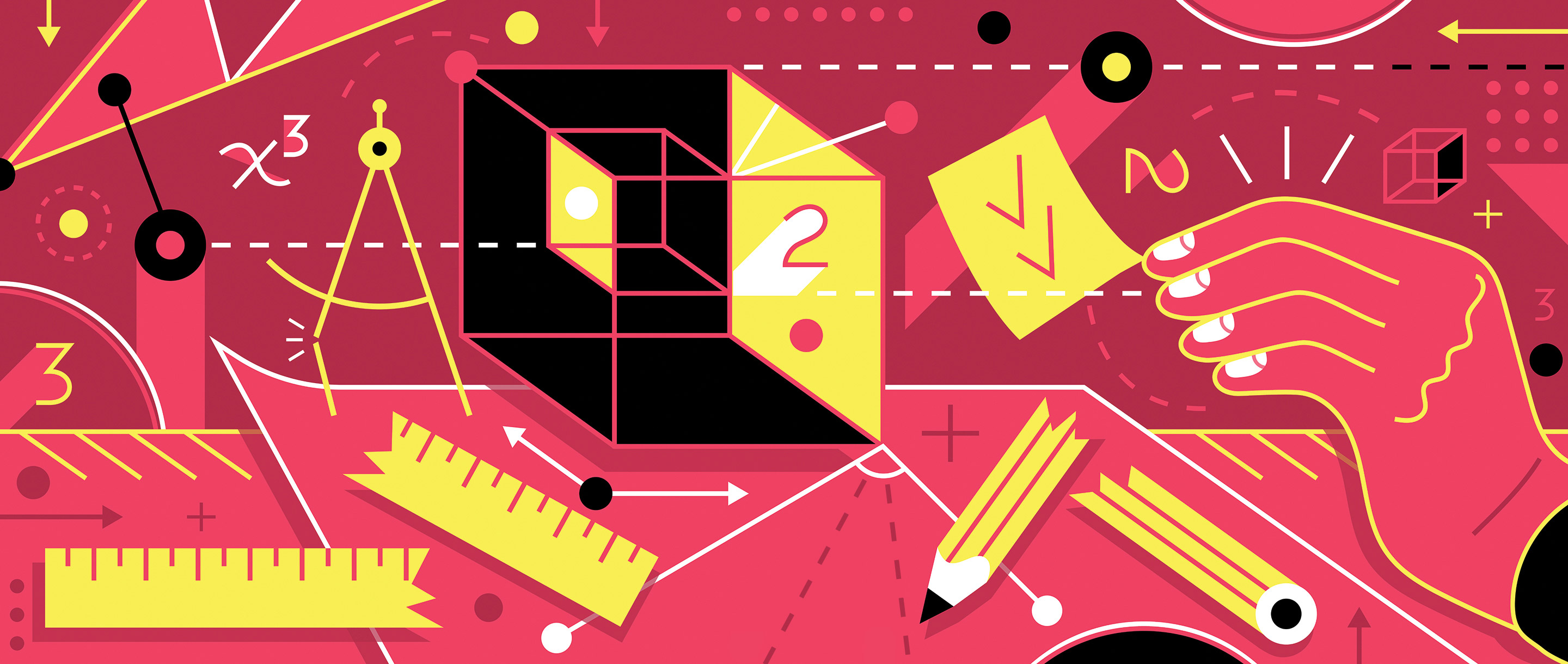 An abstract illustration showing broken tools, cubes, numbers and other abstract representations of impossible math