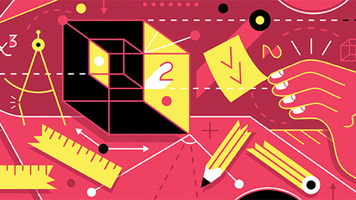 An abstract illustration showing broken tools, cubes, numbers and other abstract representations of impossible math