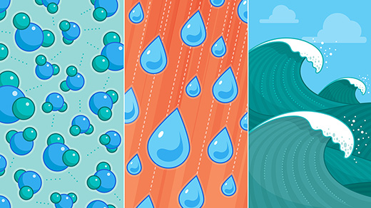 water molecules, droplets and a wave