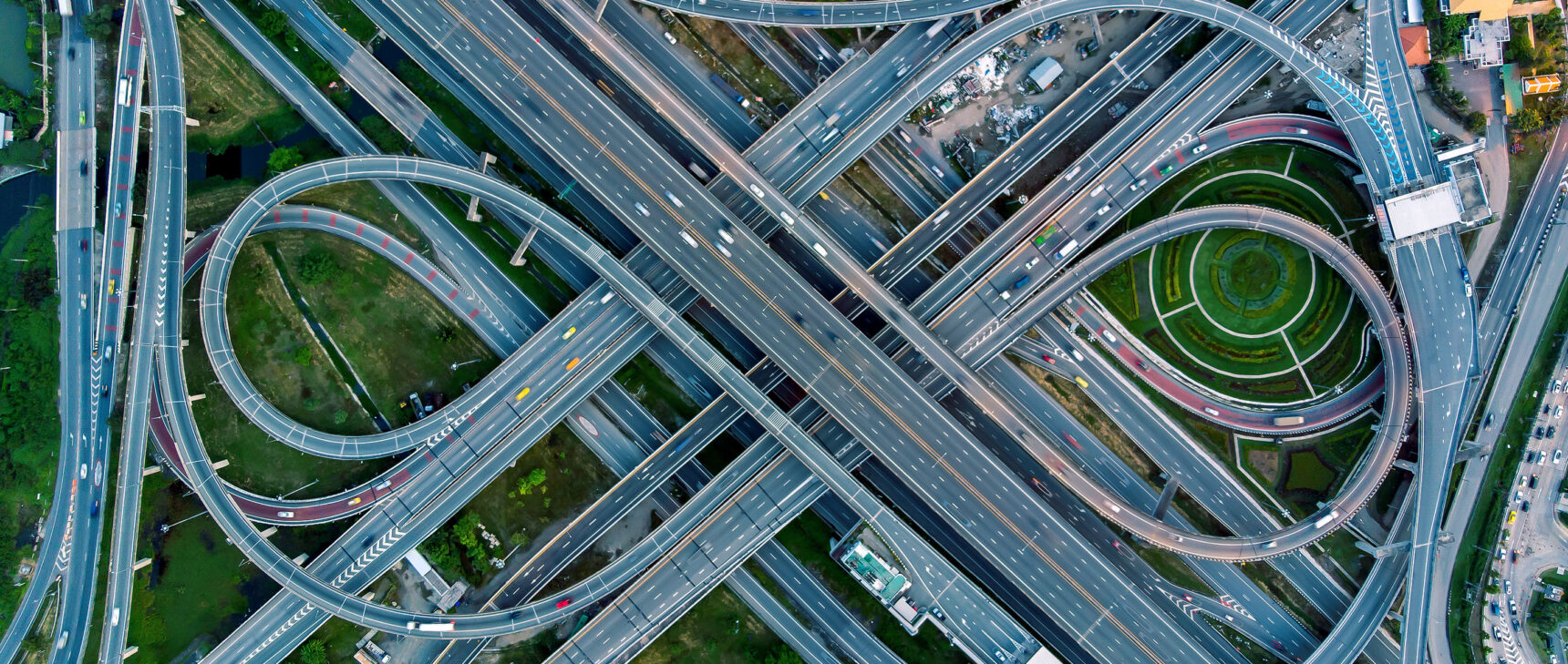 Aerial image of a complicated road network.