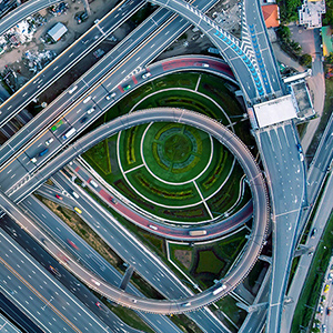 Aerial image of a complicated road network.