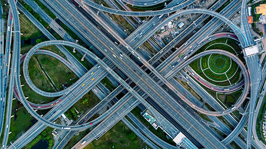 Aerial image of a complicated road network.