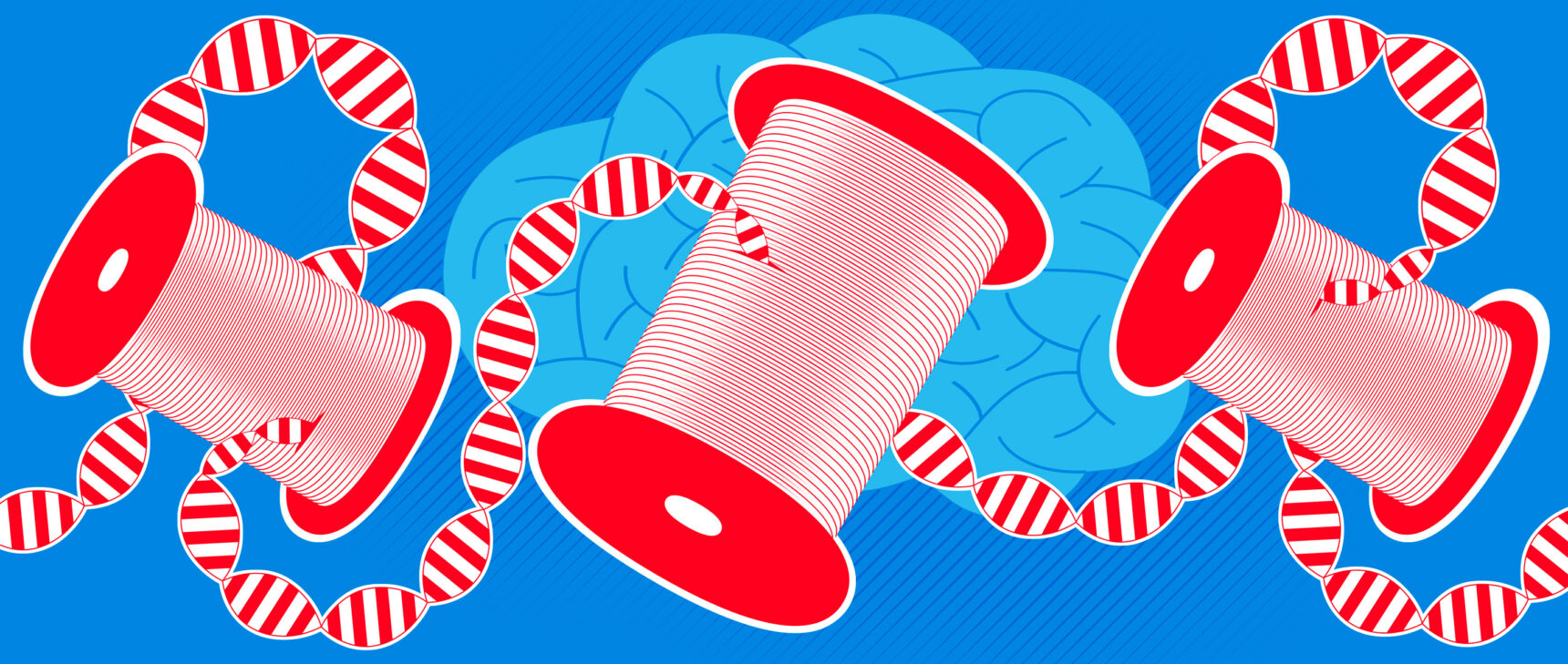 Illustration of red spools with strands of DNA as the thread, with a blue brain in the background.