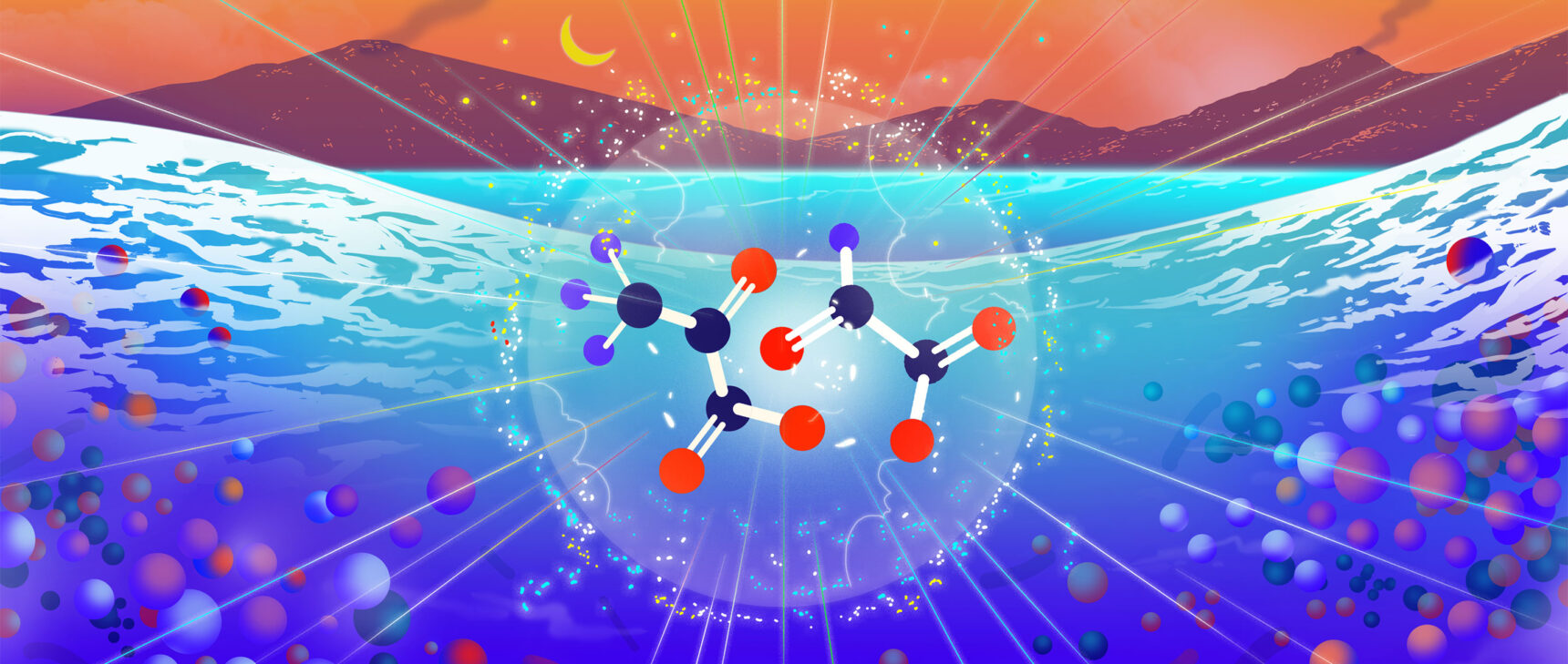 Illustration that depicts two types of simple molecules reacting in water on the early Earth.