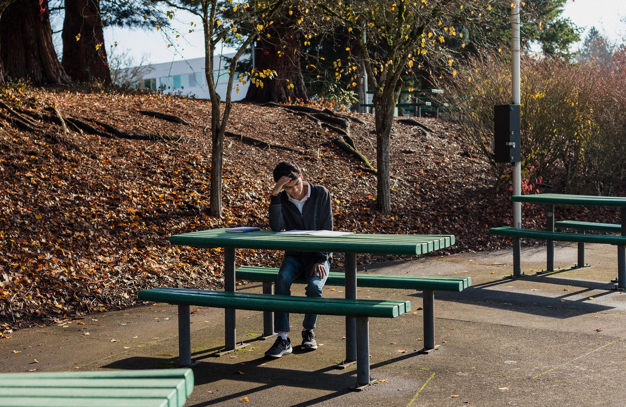 A photo of Ashwin Sah working at a park table