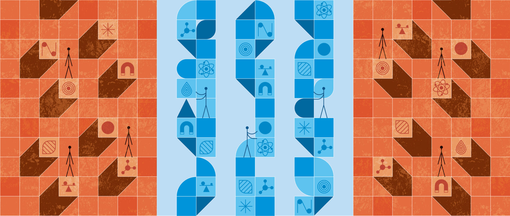 Illustration showing orange building blocks outside a doorway that opens onto blue towers made up of similar building blocks.