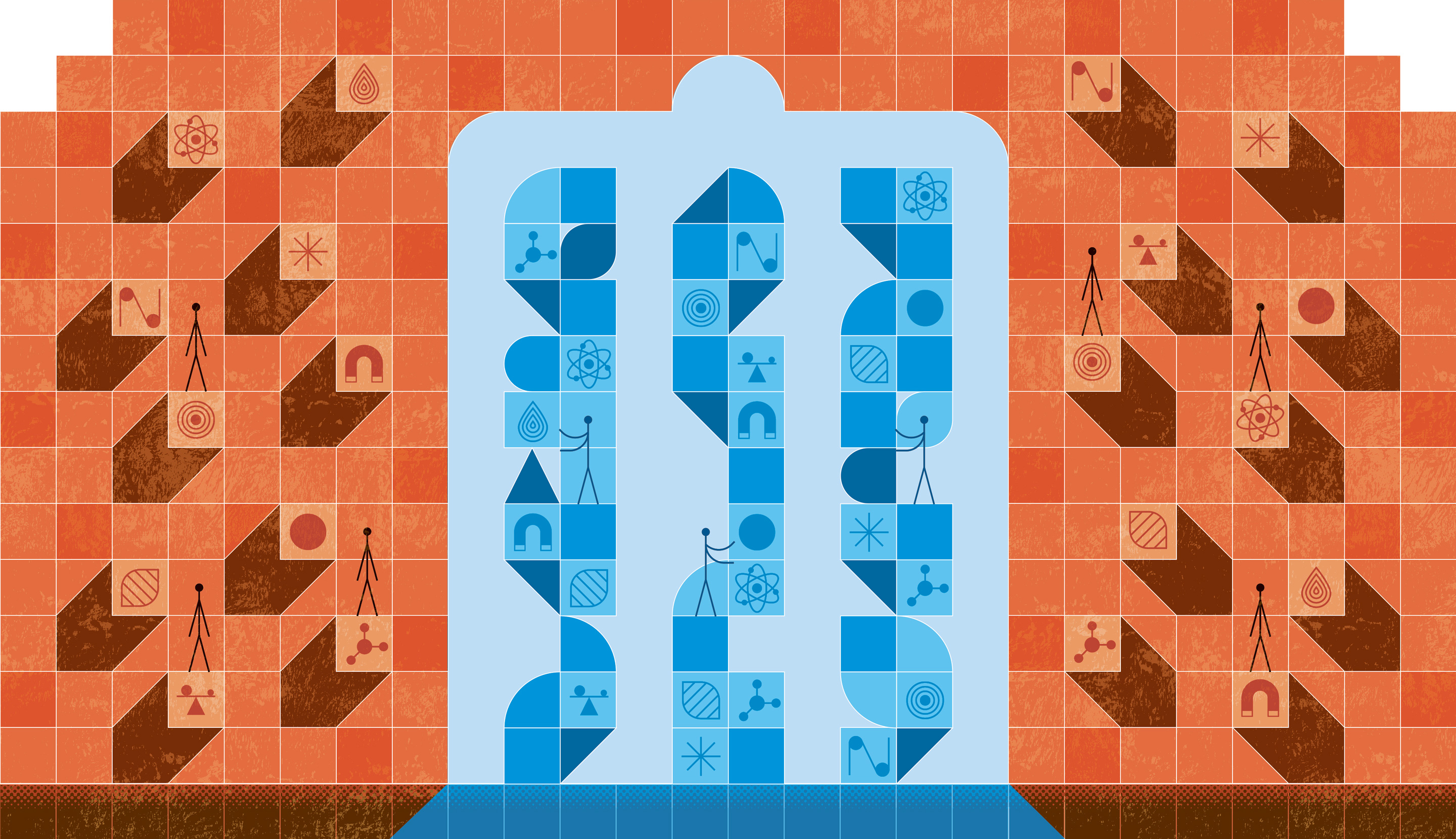 Illustration showing orange building blocks outside a doorway that opens onto blue towers made up of similar building blocks.