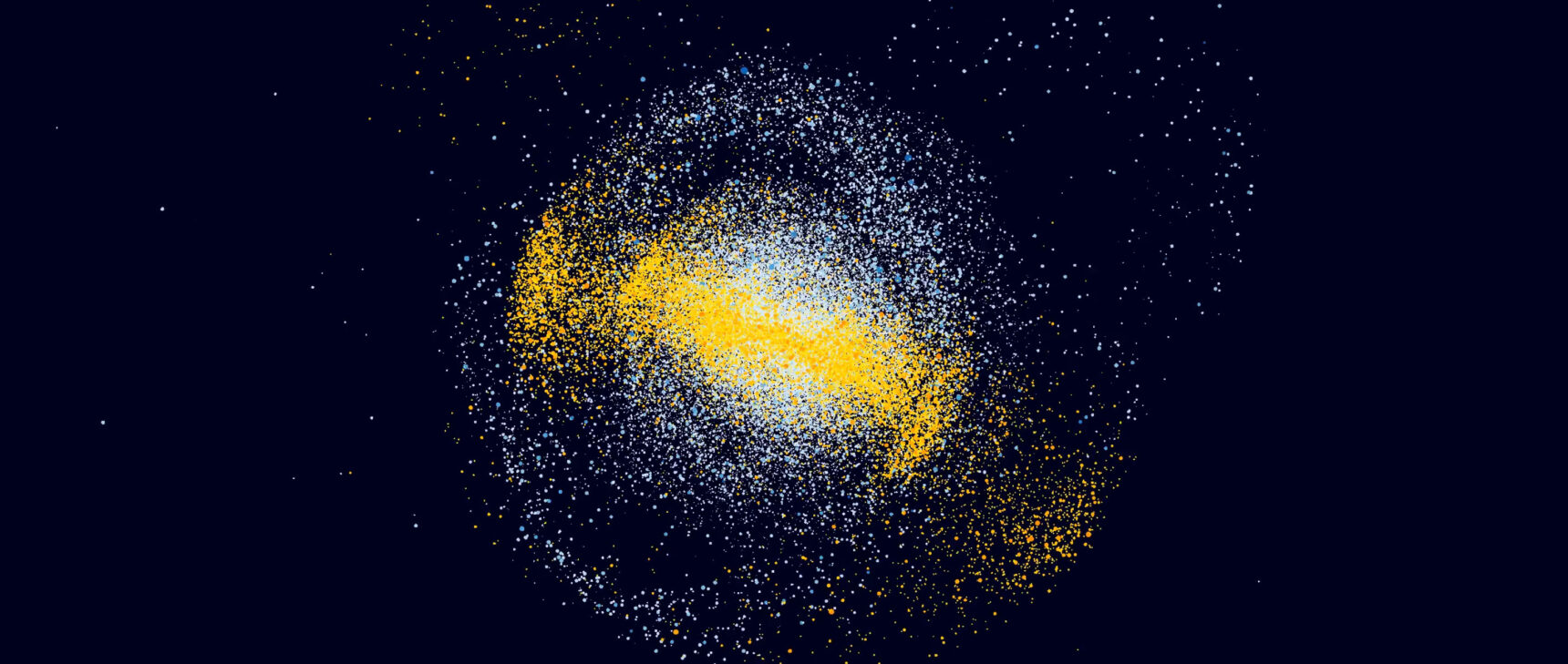 A computer simulation of two galaxies colliding.