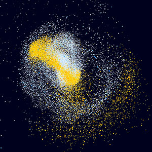 A computer simulation of two galaxies colliding.