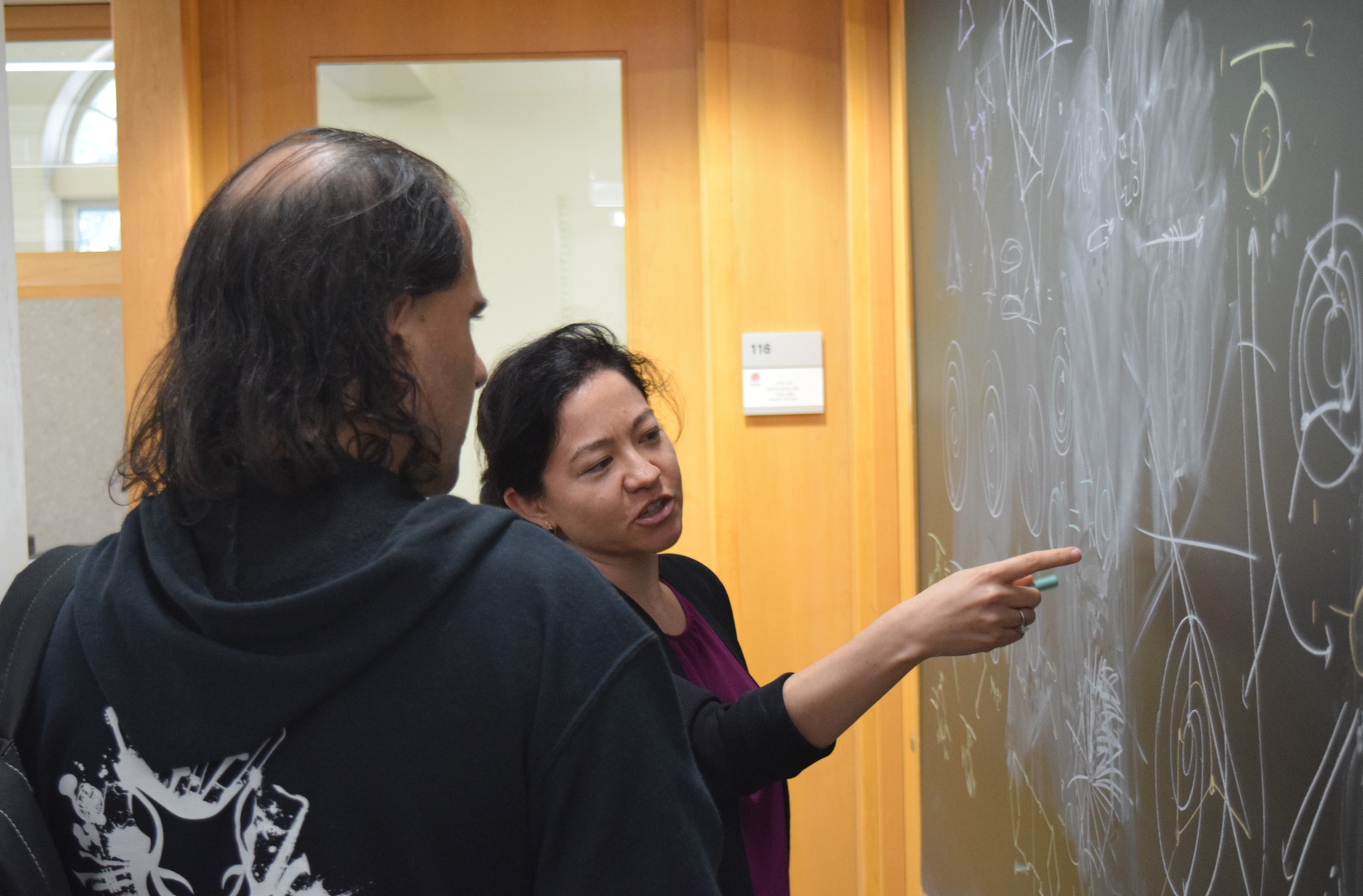 Lauren Williams and Nima Arkani-Hamed talking in front of a blackboard.