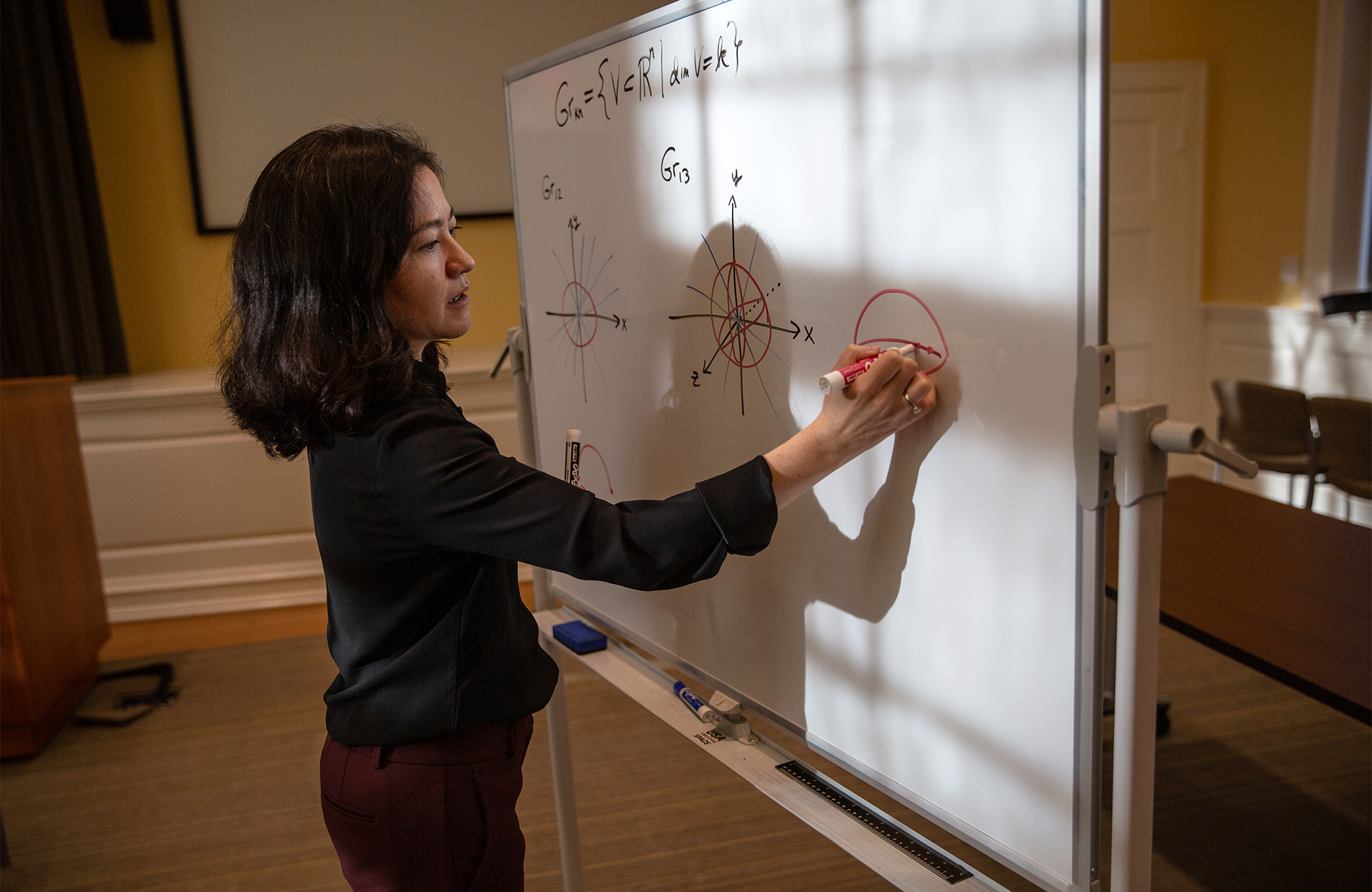 A diptych. On the left, Lauren Williams drawing the positive Grassmannian on a whiteboard. On the right, a close-up of the positive Grassmannian drawn on a whiteboard. outdoor with mask: [no caption]