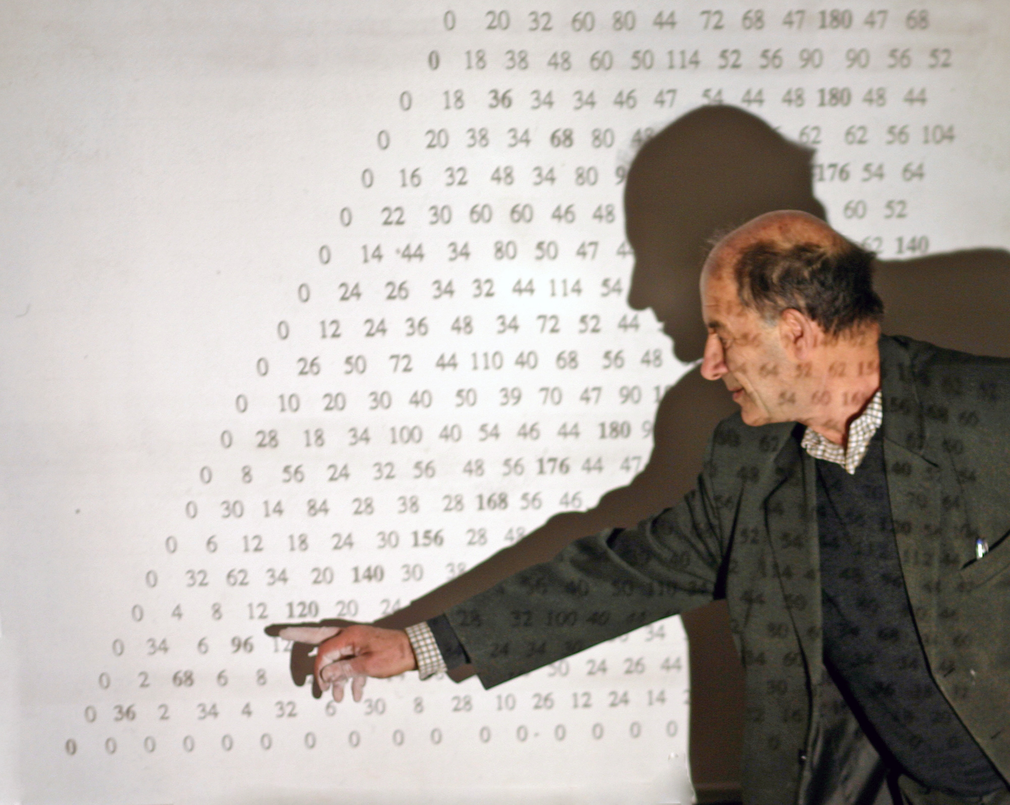 Photo of Vladimir Arnold points at a screen with an assortment of numbers projected onto it.