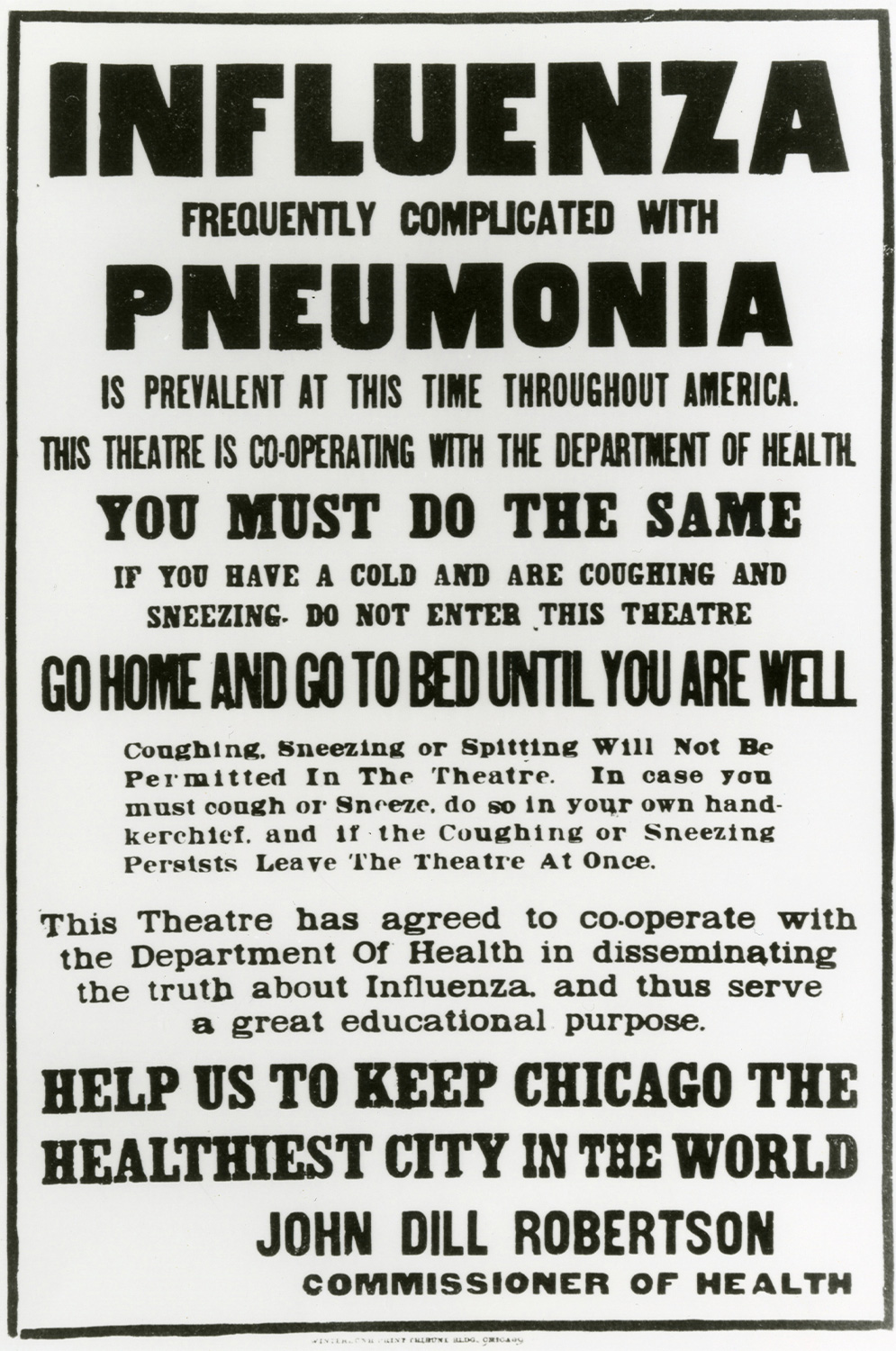 Two photos from the 1918 influenza pandemic: a poster warning people to stay home and a street sweeper in a mask.