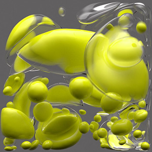 Video artwork showing yellow blobs move, merge, split, shrink and enlarge inside a clear cube.