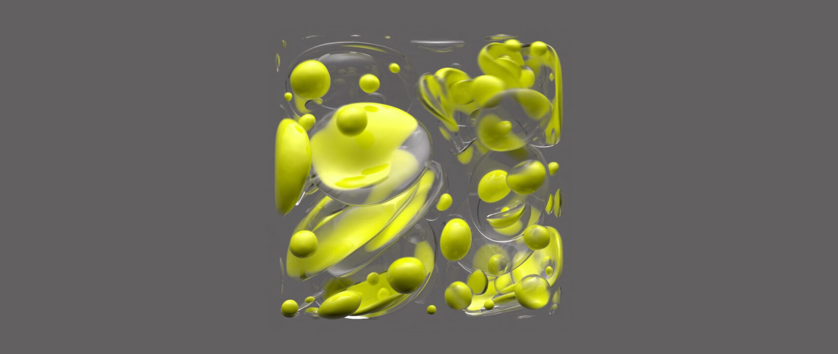 Video artwork showing yellow blobs move, merge, split, shrink and enlarge inside a clear cube.