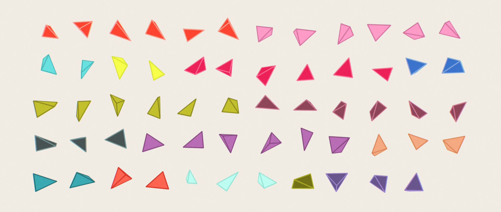 Colorful isualization of the 59 isolated examples of tetrahedra that have rational dihedral angles