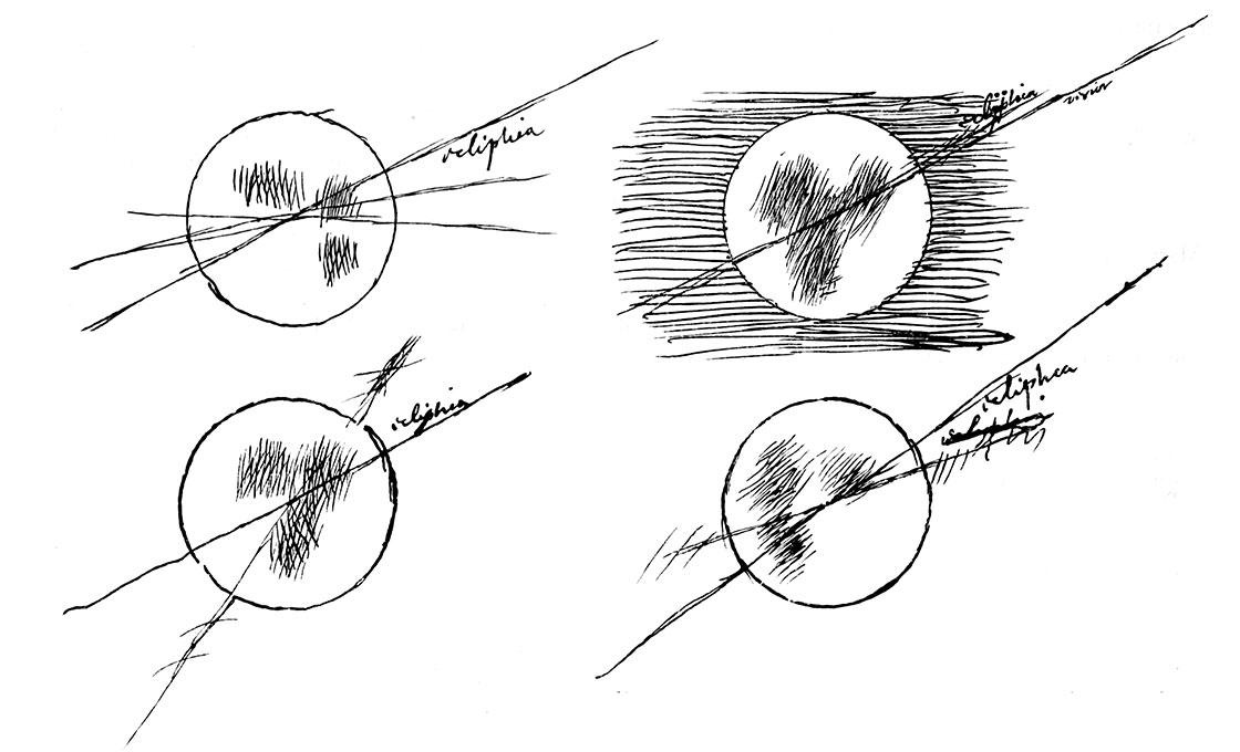 Drawings of Mars showing a large dark spot on its surface.