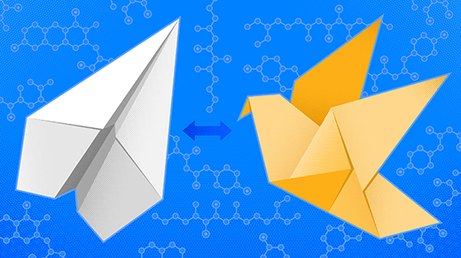 A drawing of a piece of folded paper going back and forth between paper airplane and paper bird shapes.